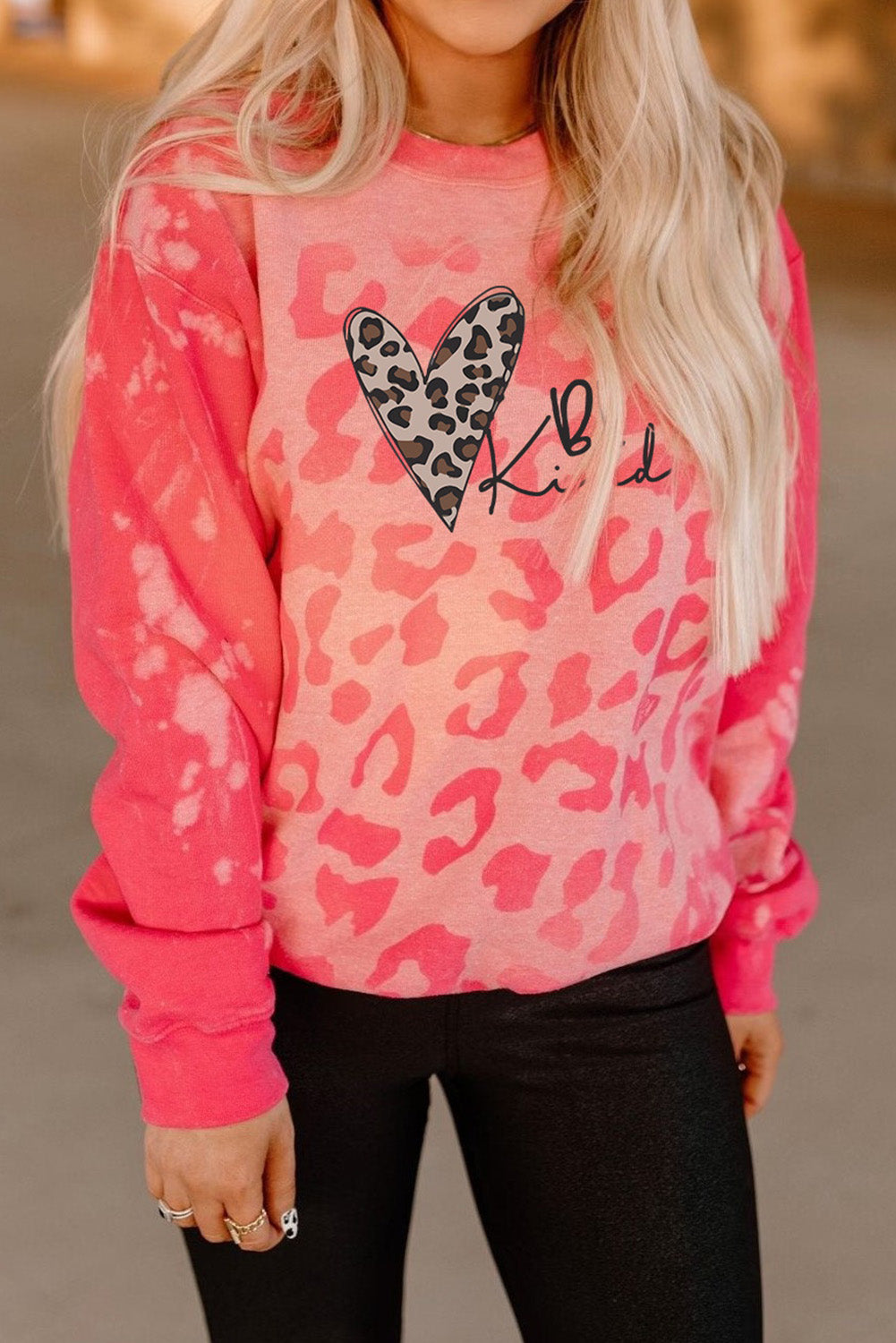 Pink Be Kind Leopard Heart Print Long Sleeve Sweatshirt Graphic Sweatshirts JT's Designer Fashion