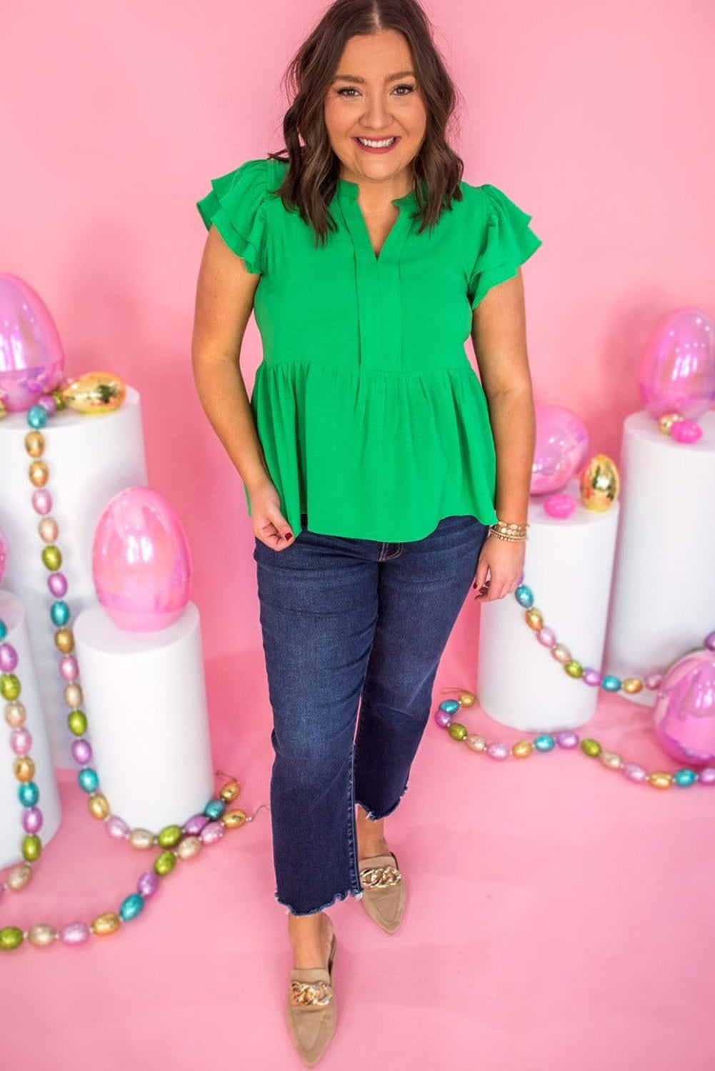 Bright Green Ruffled Short Sleeve Notched Neck Plus Size Babydoll Top Plus Size JT's Designer Fashion