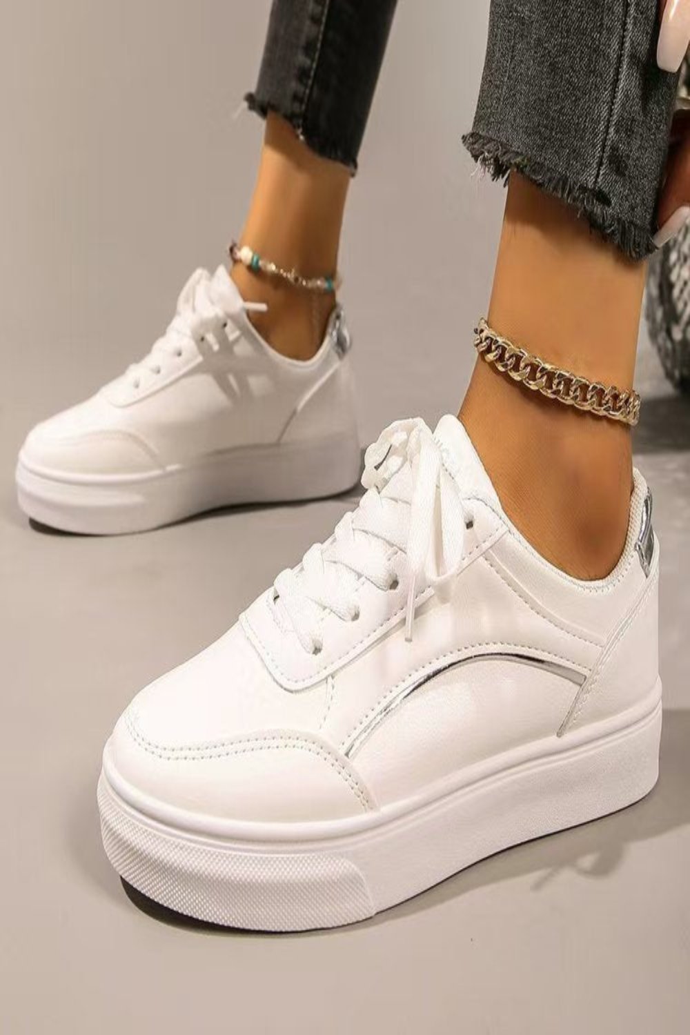 Leather Round Toe Flat Sneakers Silver Shoes JT's Designer Fashion