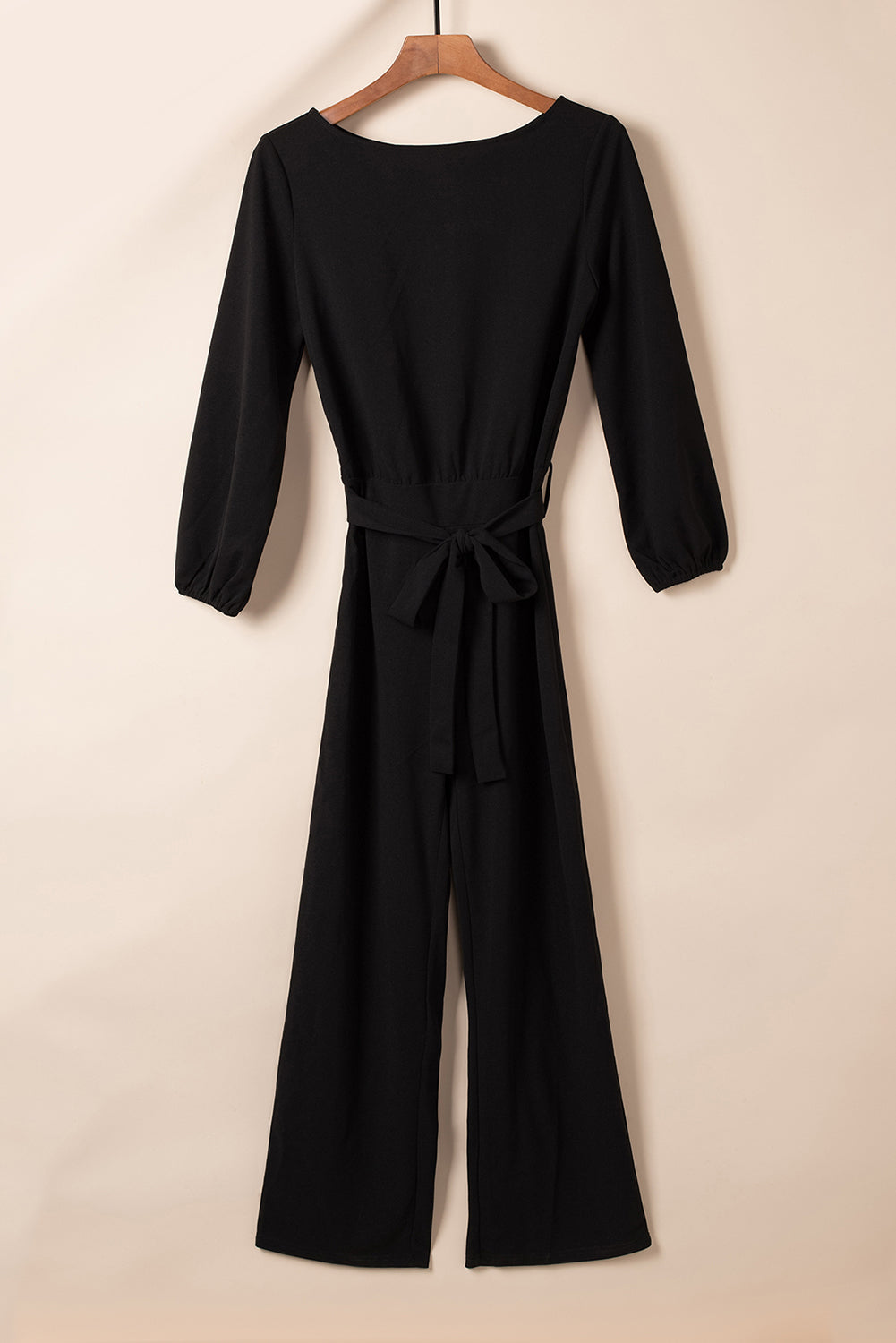 Black Boat Neck Bubble Sleeve Straight Legs Jumpsuit with Belt Tie Jumpsuits & Rompers JT's Designer Fashion