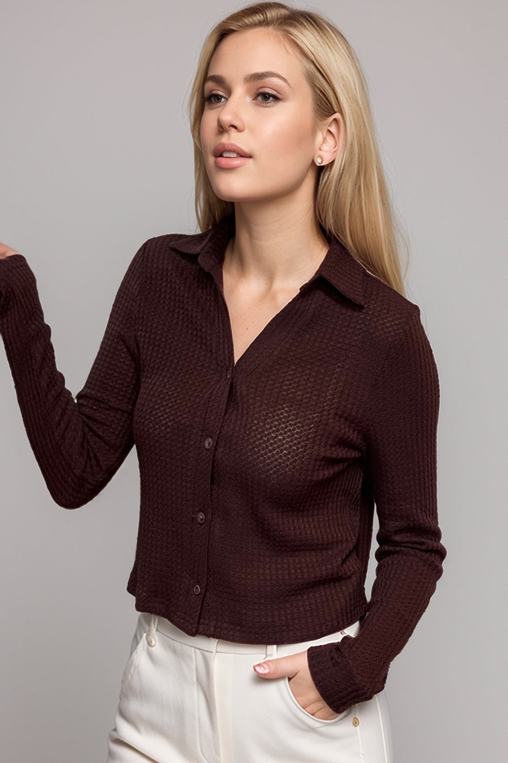 Collar Long Sleeve Knit Shirt Dark Brown Long Sleeve Tops JT's Designer Fashion