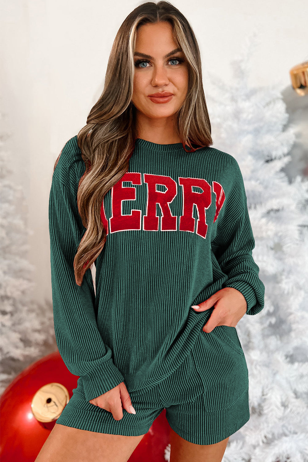 Evergreen Corded MERRY Graphic Long Sleeve Top and Shorts Set Short Sets JT's Designer Fashion