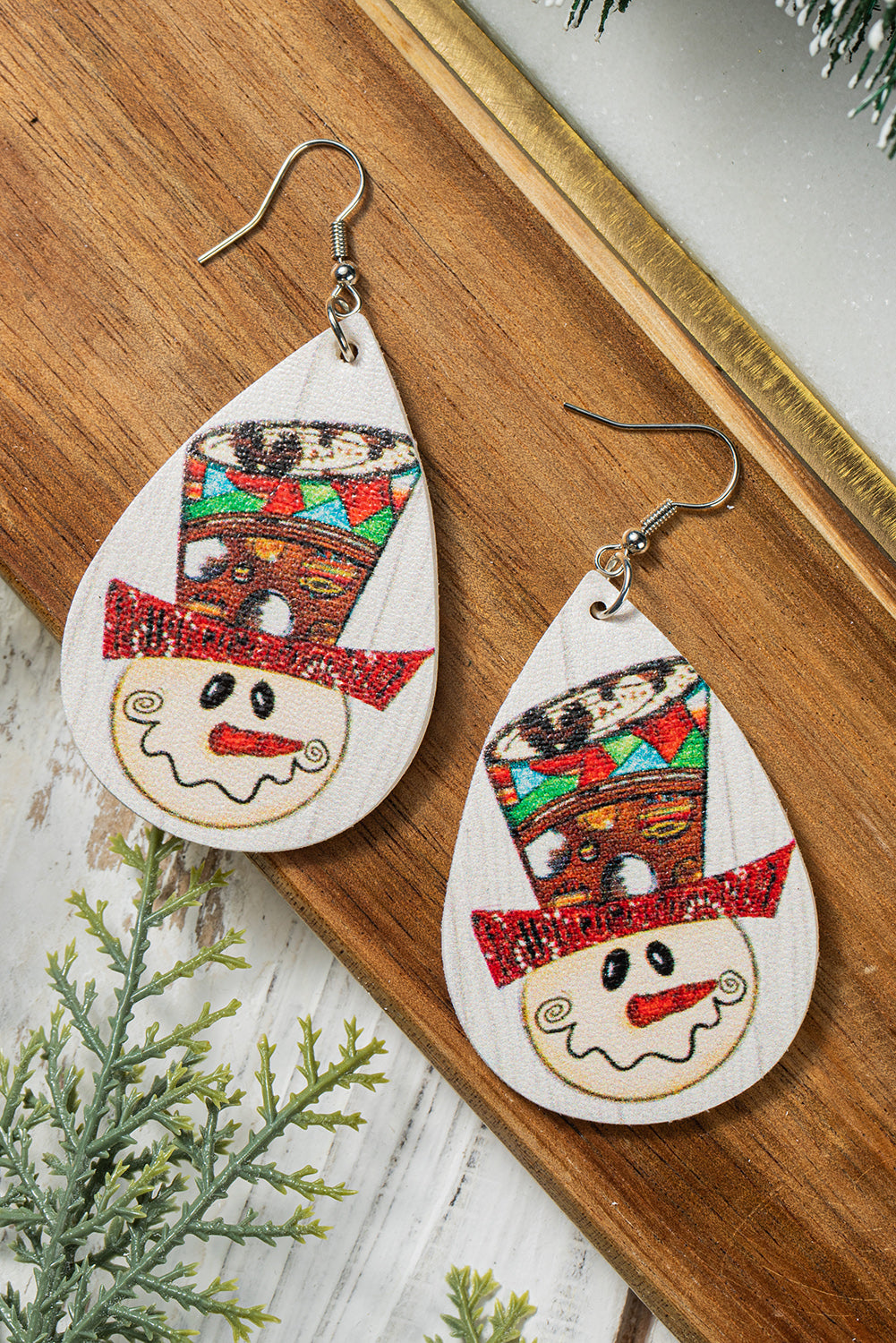 Christmas Snowman Print PU Drop Earrings Jewelry JT's Designer Fashion