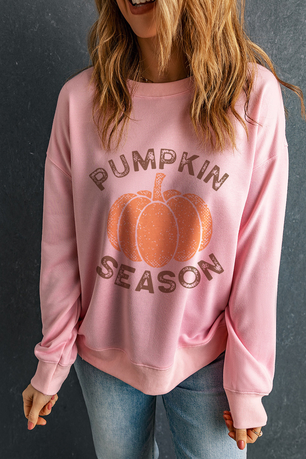 Pink PUMPKIN SEASON Crew Neck Drop Shoulder Sweatshirt Graphic Sweatshirts JT's Designer Fashion