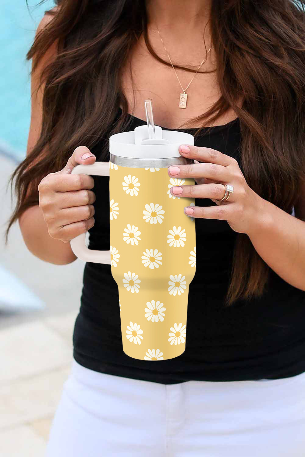 Yellow Daisy Print Handle Stainless Steel Portable Cup 1200ml Tumblers JT's Designer Fashion