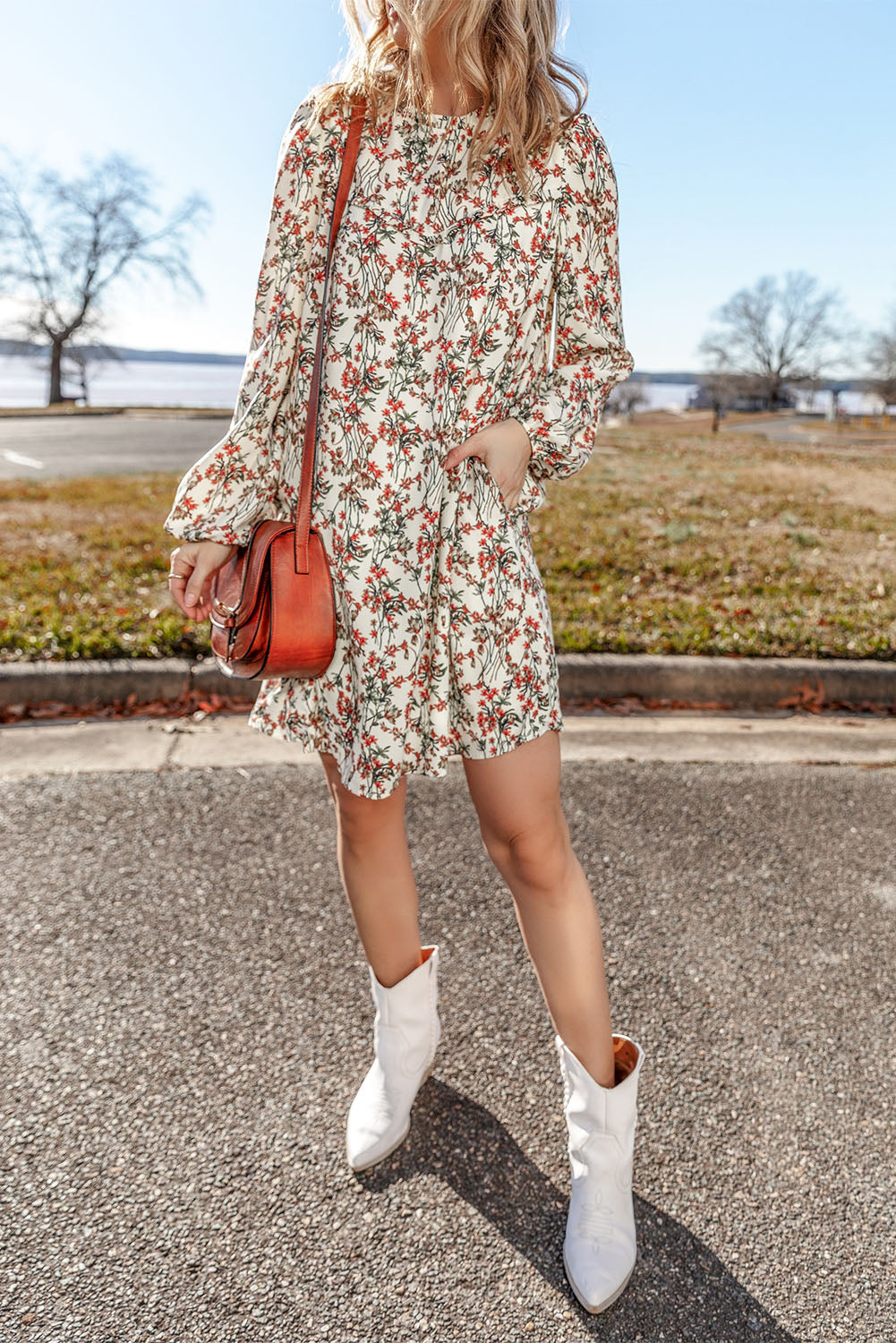 White Floral Printed Long Sleeve Mini Dress Floral Dresses JT's Designer Fashion