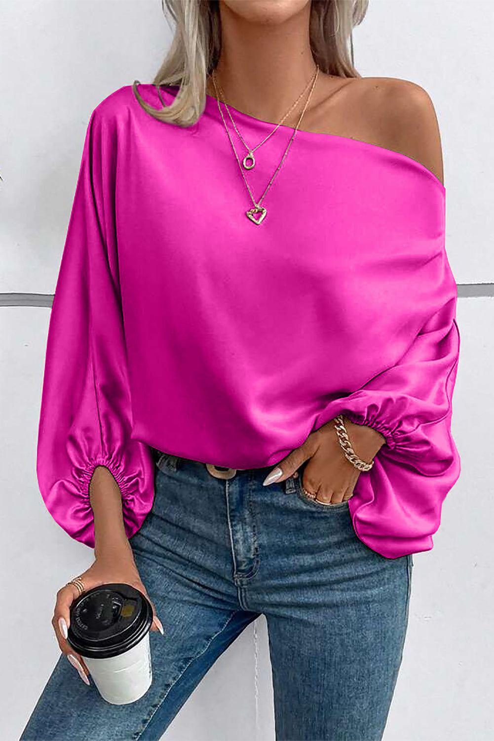 Bright Pink One Shoulder Asymmetrical Neck Balloon Sleeve Blouse Pre Order Tops JT's Designer Fashion