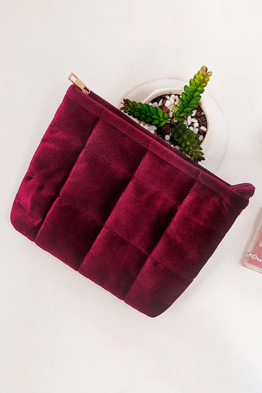 Burgundy Quilted Velour Zipper Cosmetic Organize Pouch Makeup Bags JT's Designer Fashion