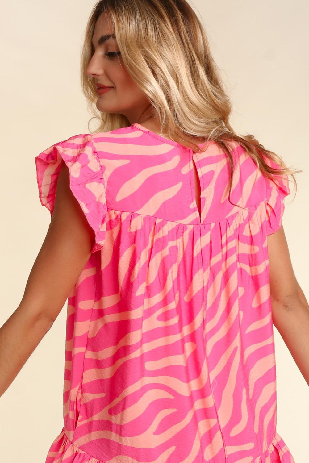 Pink Zebra Stripe Printed Ruffle Trim Pocketed Dress Dresses JT's Designer Fashion