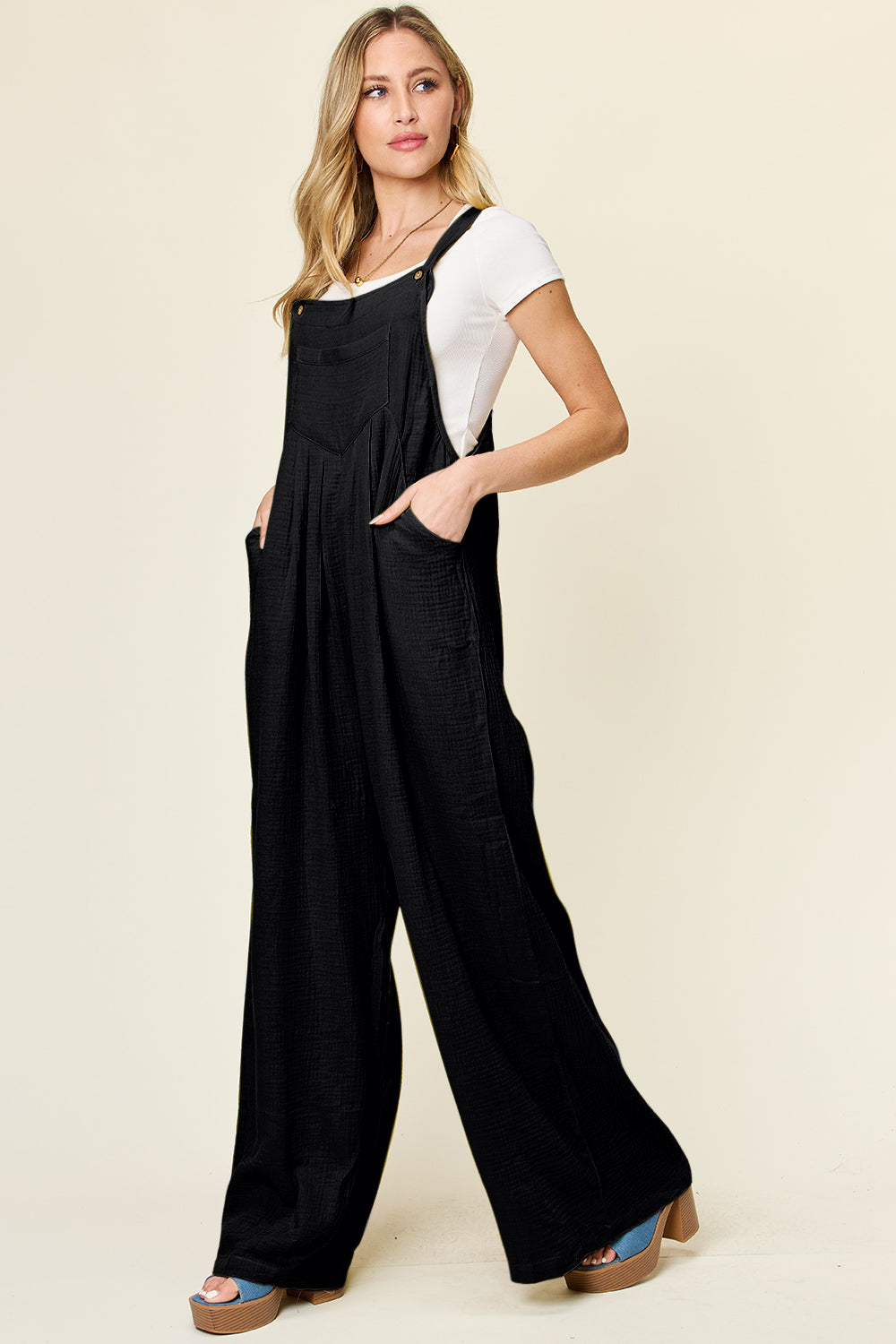 Double Take Full Size Texture Wide Strap Wide Leg Overall Jumpsuits & Rompers JT's Designer Fashion