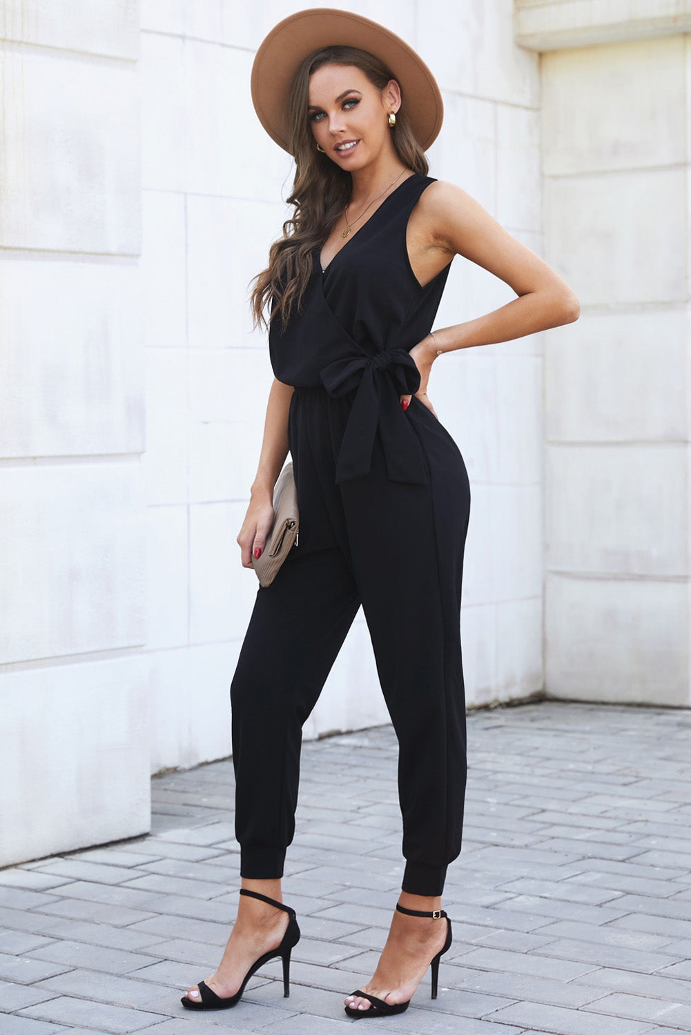 Black Deep V-neck Sleeveless Solid Jumpsuit Jumpsuits & Rompers JT's Designer Fashion