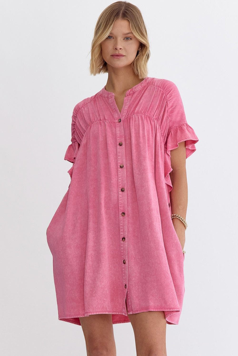 Pink Ruffled Short Sleeve Button Up Denim Mini Dress Dresses JT's Designer Fashion