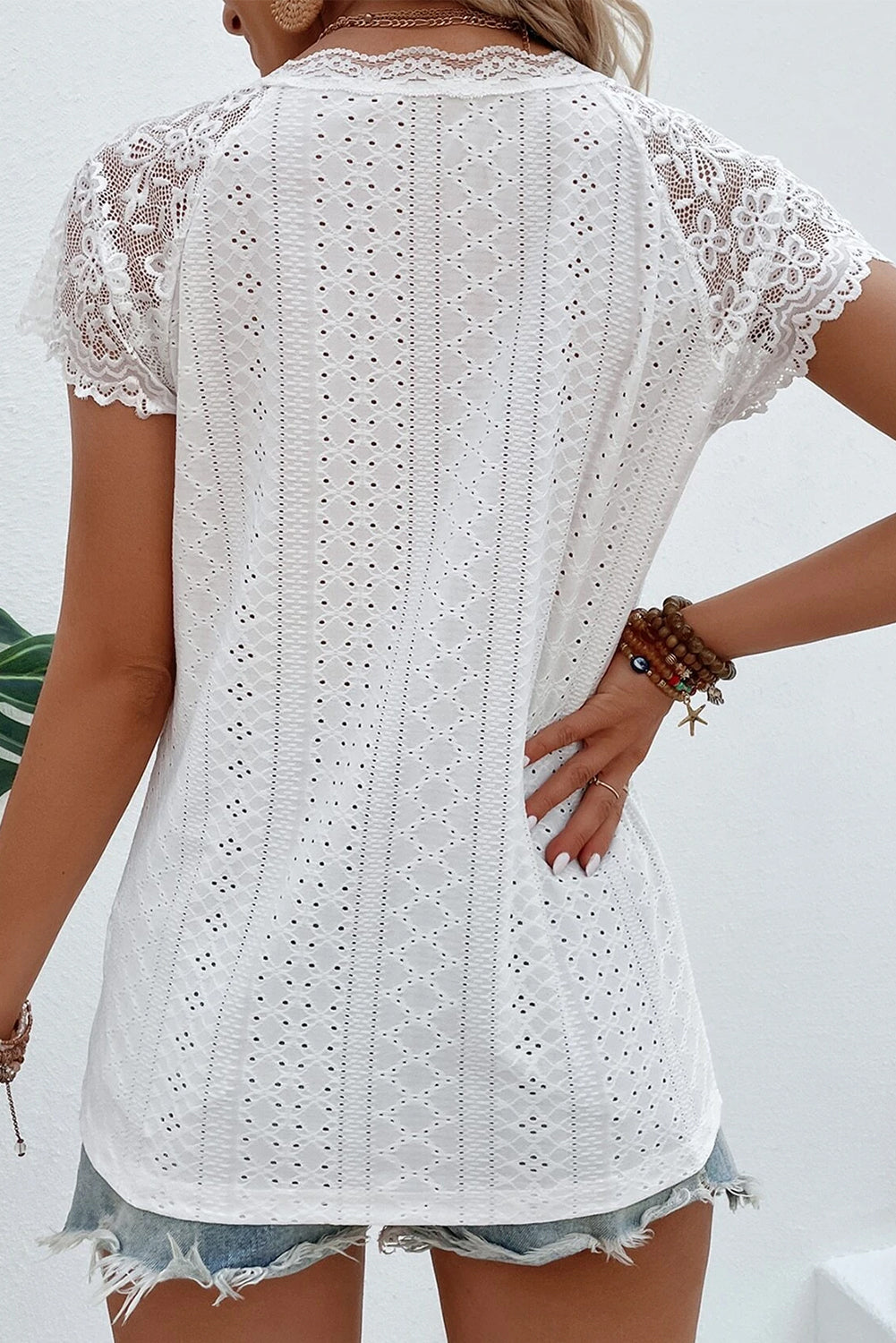 White Contrast Lace Sleeve V Neck Plus Size Eyelet Top Plus Size JT's Designer Fashion