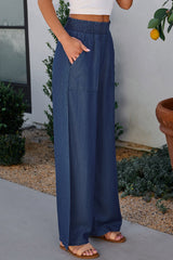 Sail Blue Side Pockets Frilled Smocked High Waist Wide Leg Jeans Jeans JT's Designer Fashion