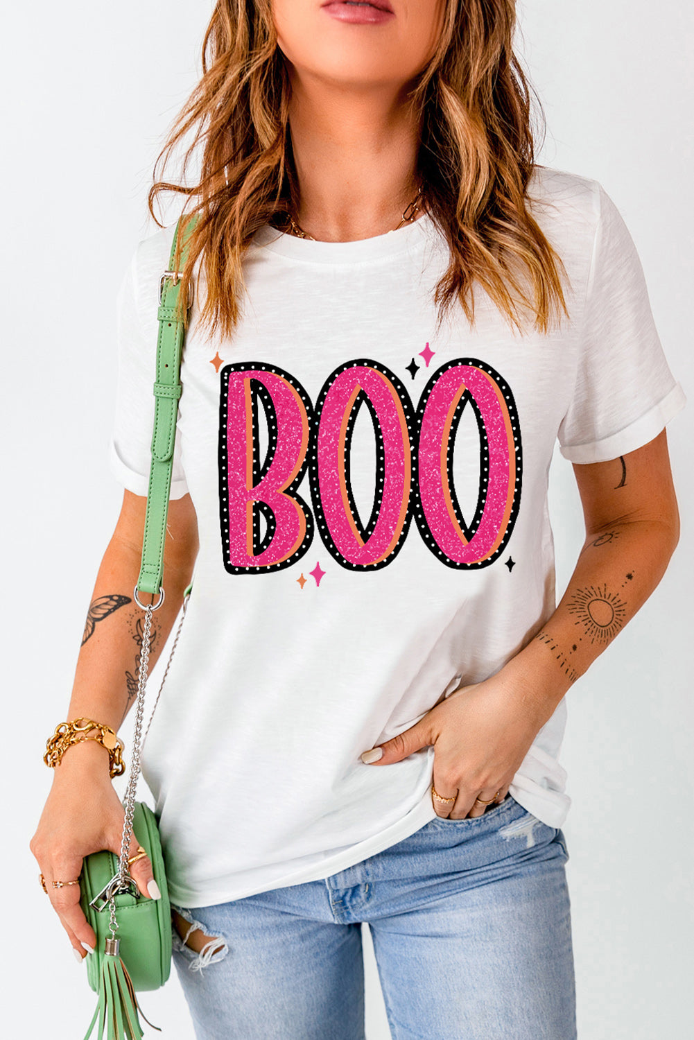 White BOO Crew Neck Graphic T Shirt Graphic Tees JT's Designer Fashion