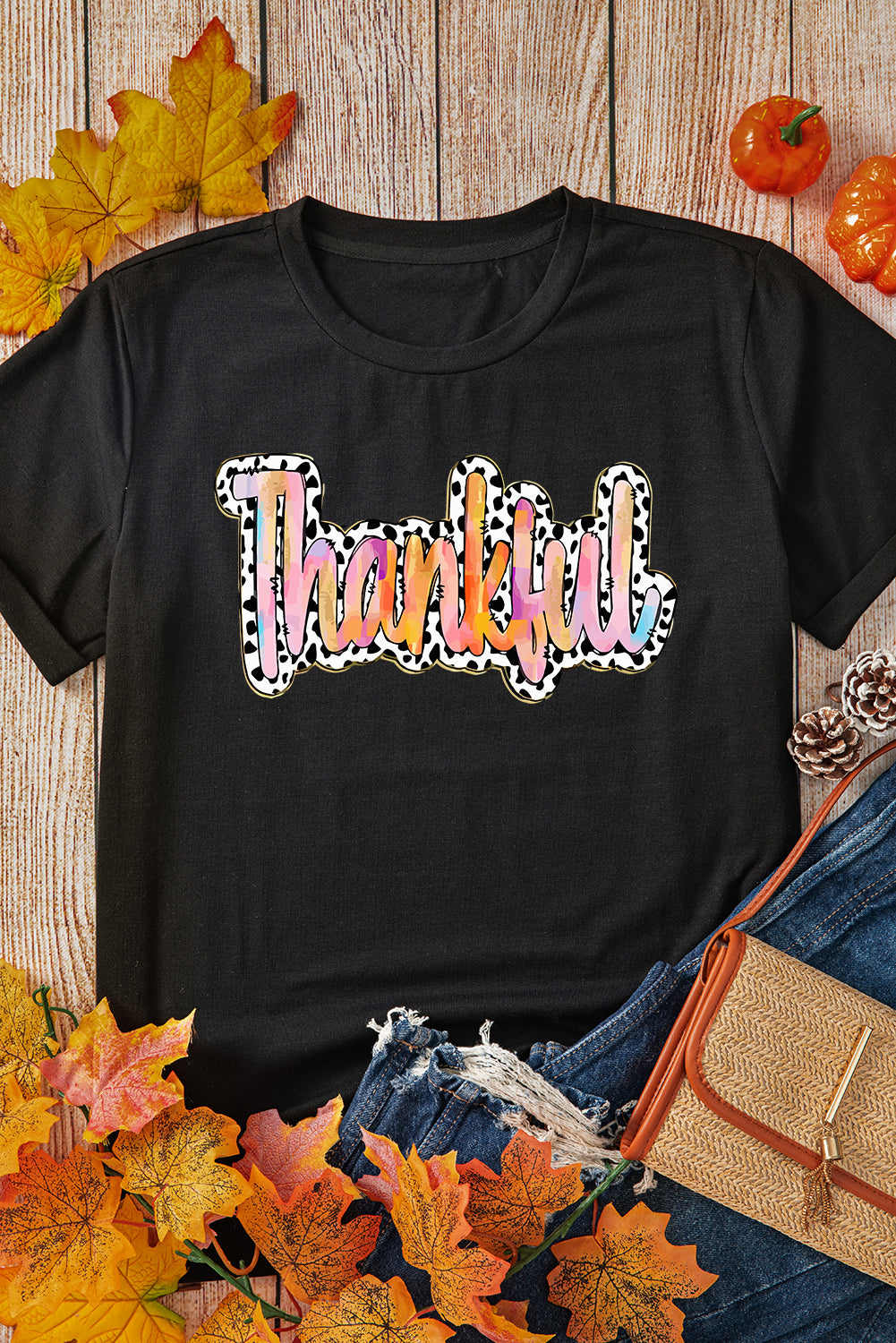 Black Thankful Cow Print Crew Neck T Shirt Graphic Tees JT's Designer Fashion