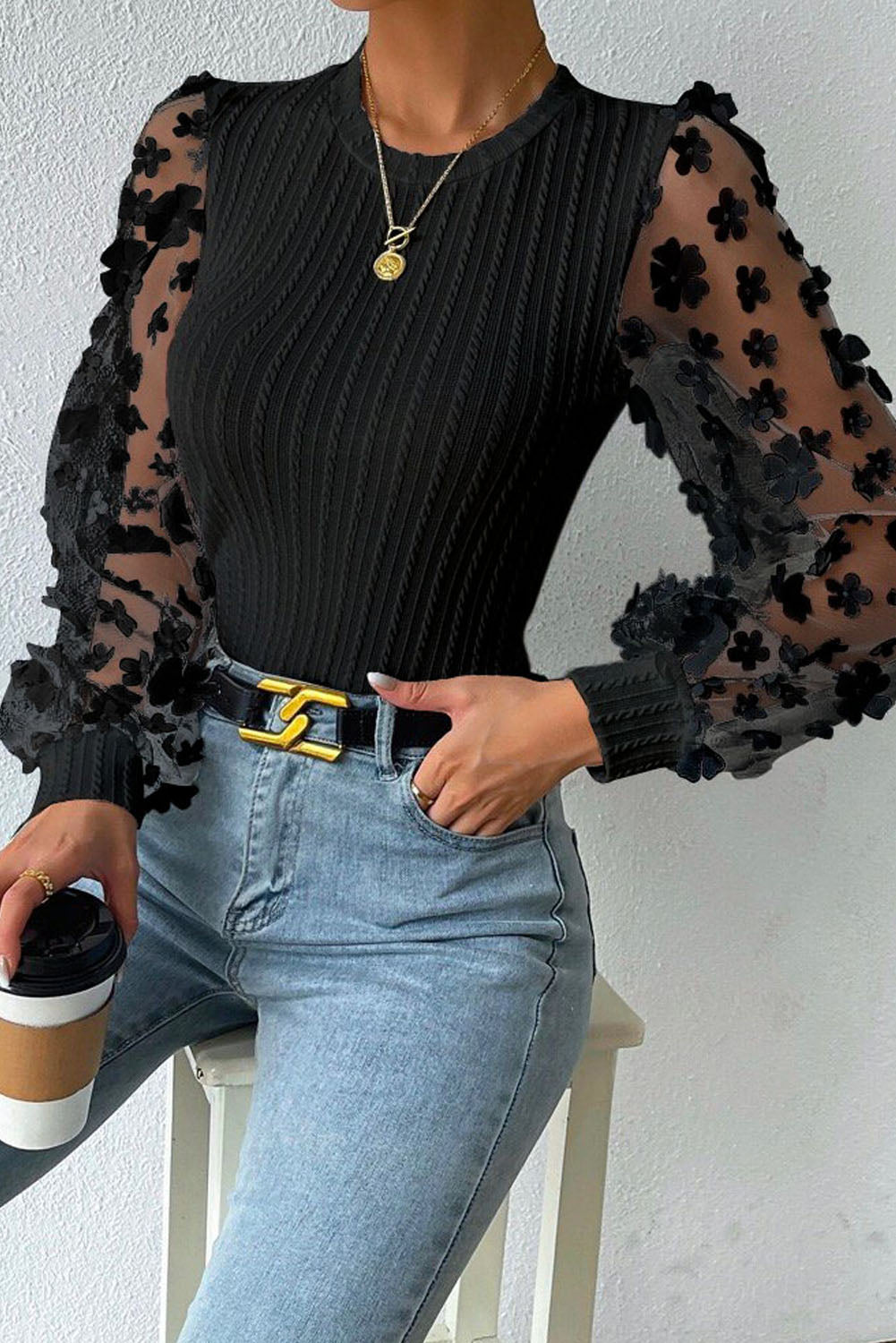 Black Floral Applique Mesh Sleeves Textured Knit Blouse Blouses & Shirts JT's Designer Fashion