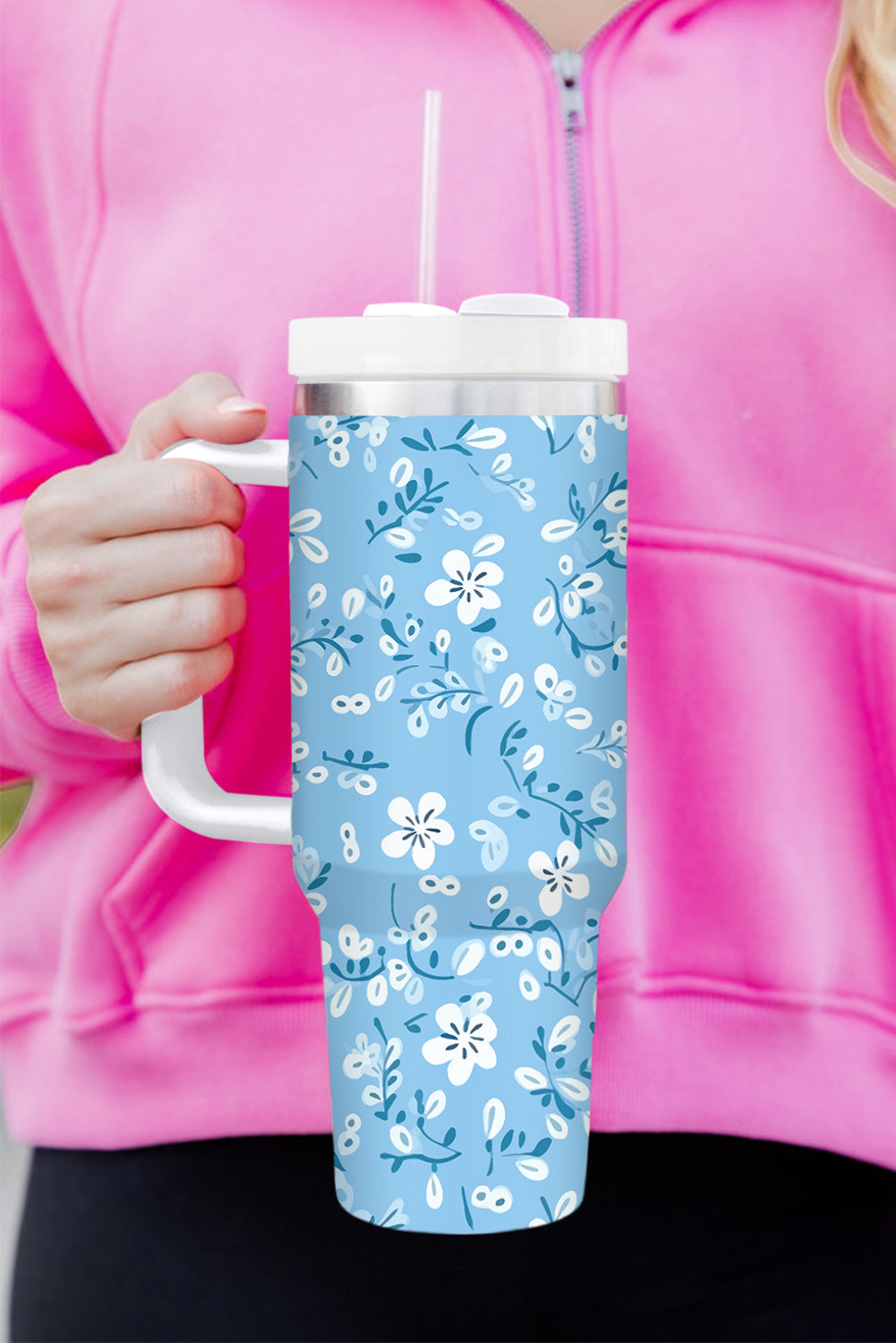 Light Blue Floral Print Stainless Steel Vacuum Cup 40oz Tumblers JT's Designer Fashion