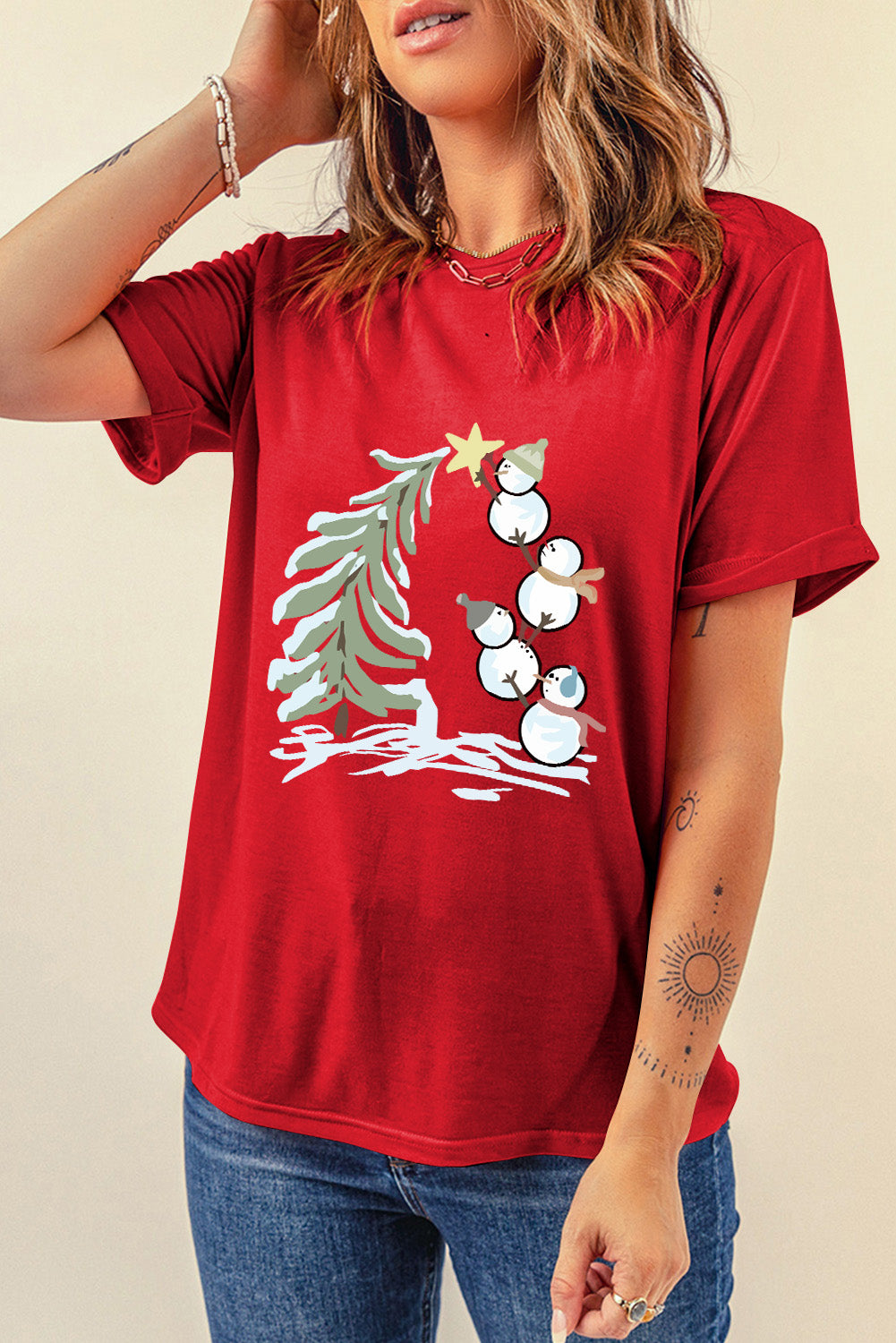 Red Christmas Tree Snowman Printed Crewneck T Shirt Graphic Tees JT's Designer Fashion