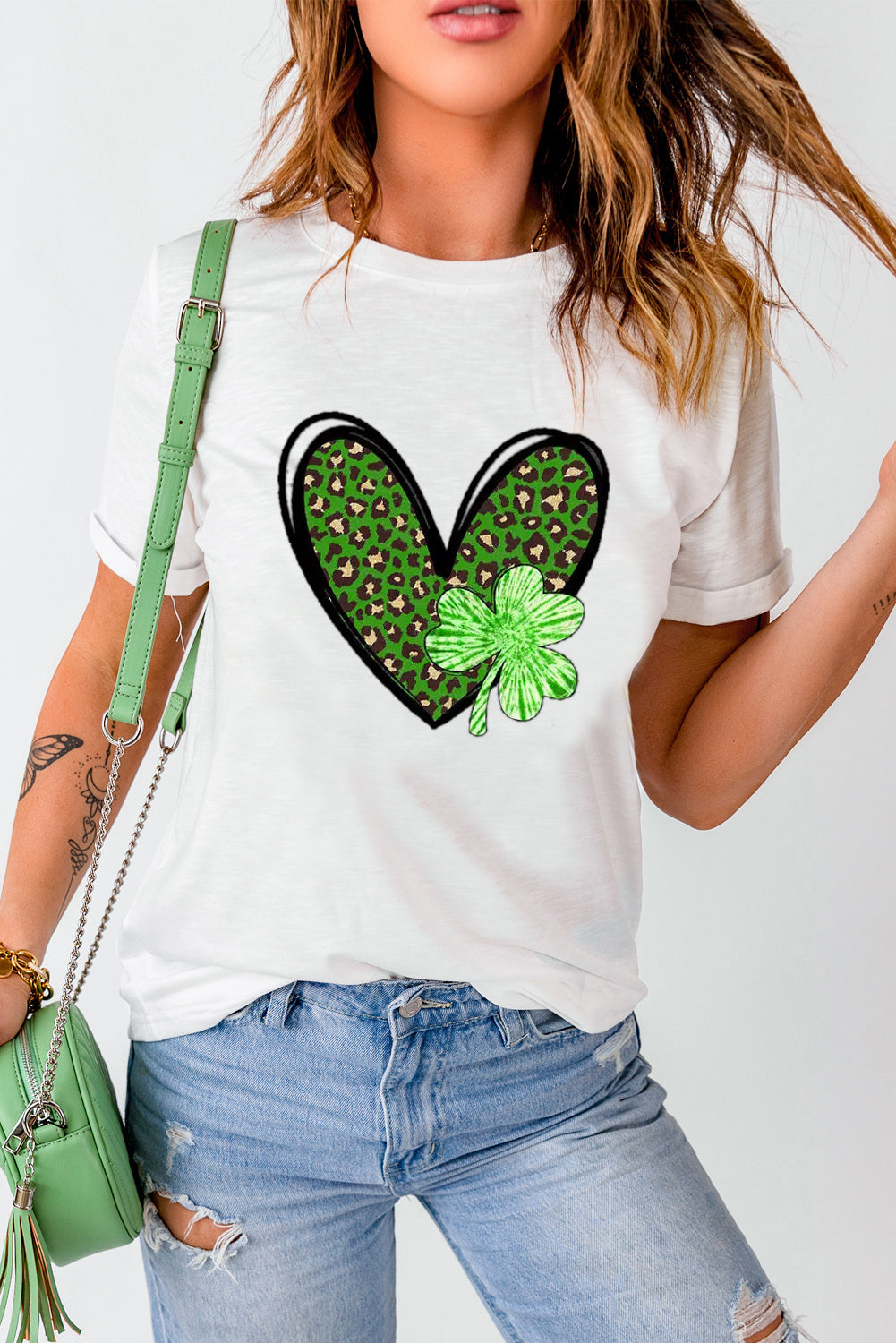 White Clover Leopard Heart Shaped Print Crewneck Graphic Tee Graphic Tees JT's Designer Fashion