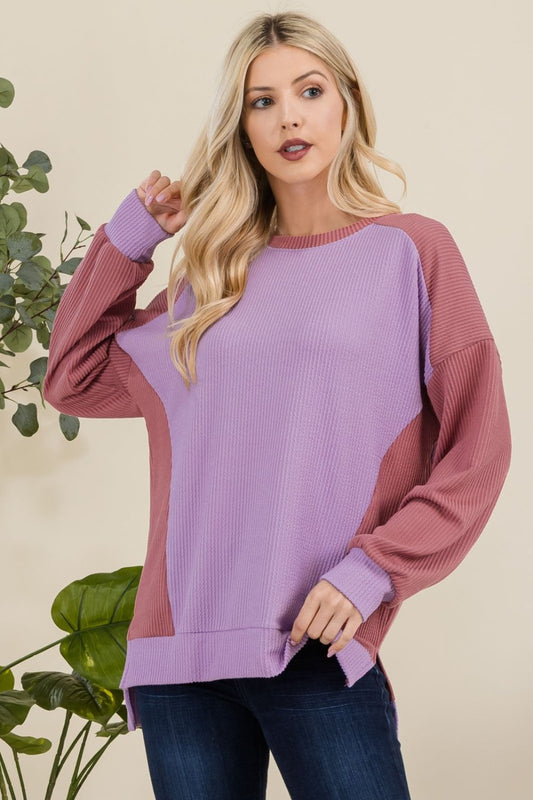 Full Size High-Low Contrast Round Neck Sweatshirt Lavender Long Sleeve Tops JT's Designer Fashion