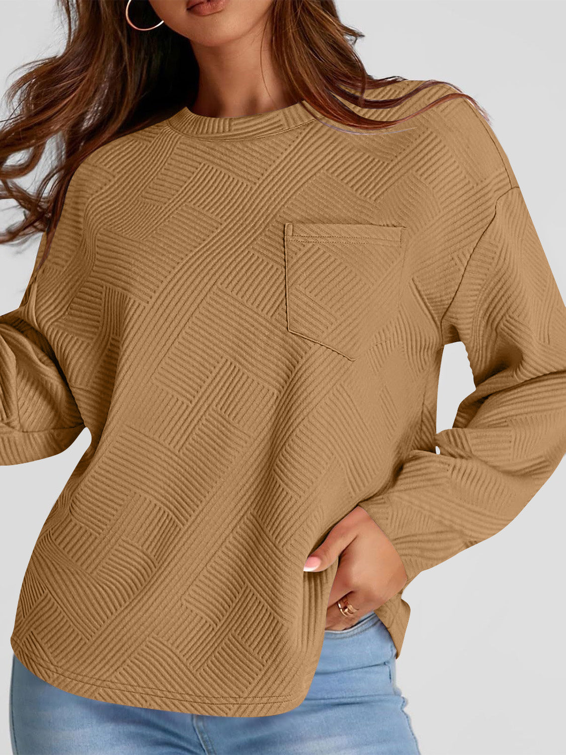 Full Size Texture Round Neck Long Sleeve Sweatshirt Long Sleeve Tops JT's Designer Fashion