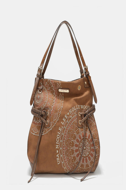 Nicole Lee USA Side Braided Tassel Inlaid Rhinestone Embroidery Hobo Bag Brown One Size Shoulder Bags JT's Designer Fashion