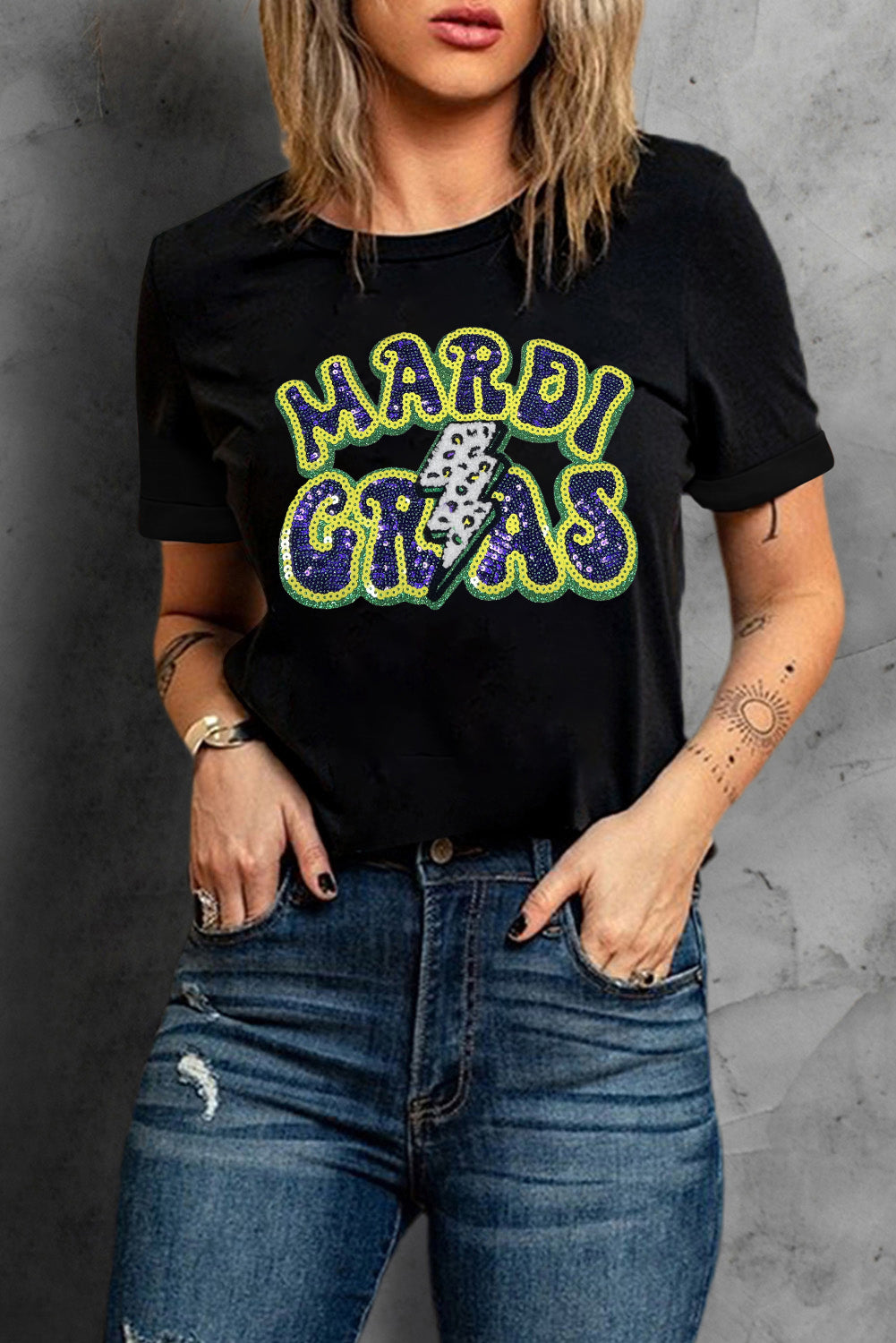 Black MARDI GRAS Lightning Graphic Short Sleeve Top Graphic Tees JT's Designer Fashion