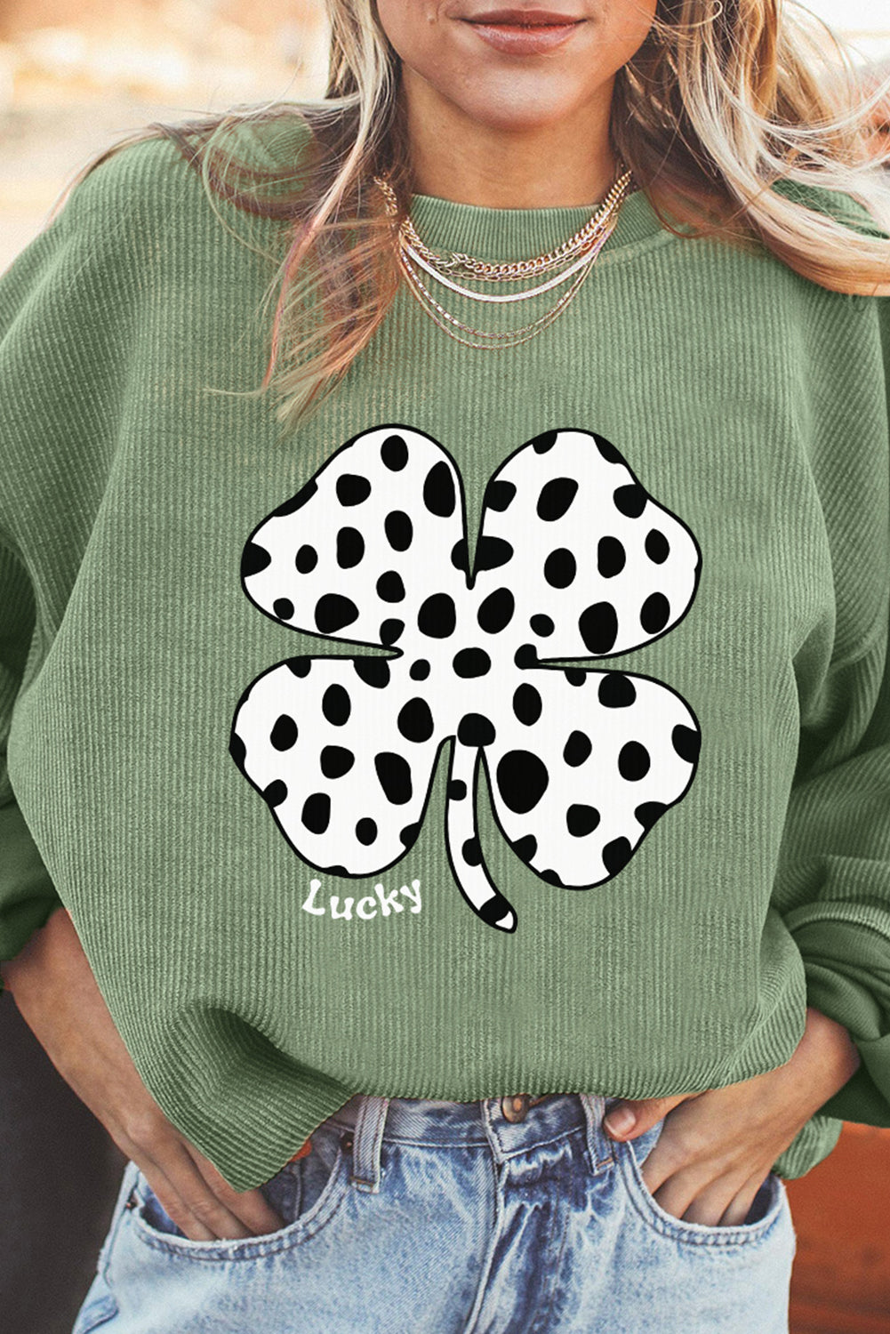 Grass Green Western Cow Clover Print Crewneck Corded Sweatshirt Grass Green 100%Polyester Graphic Sweatshirts JT's Designer Fashion