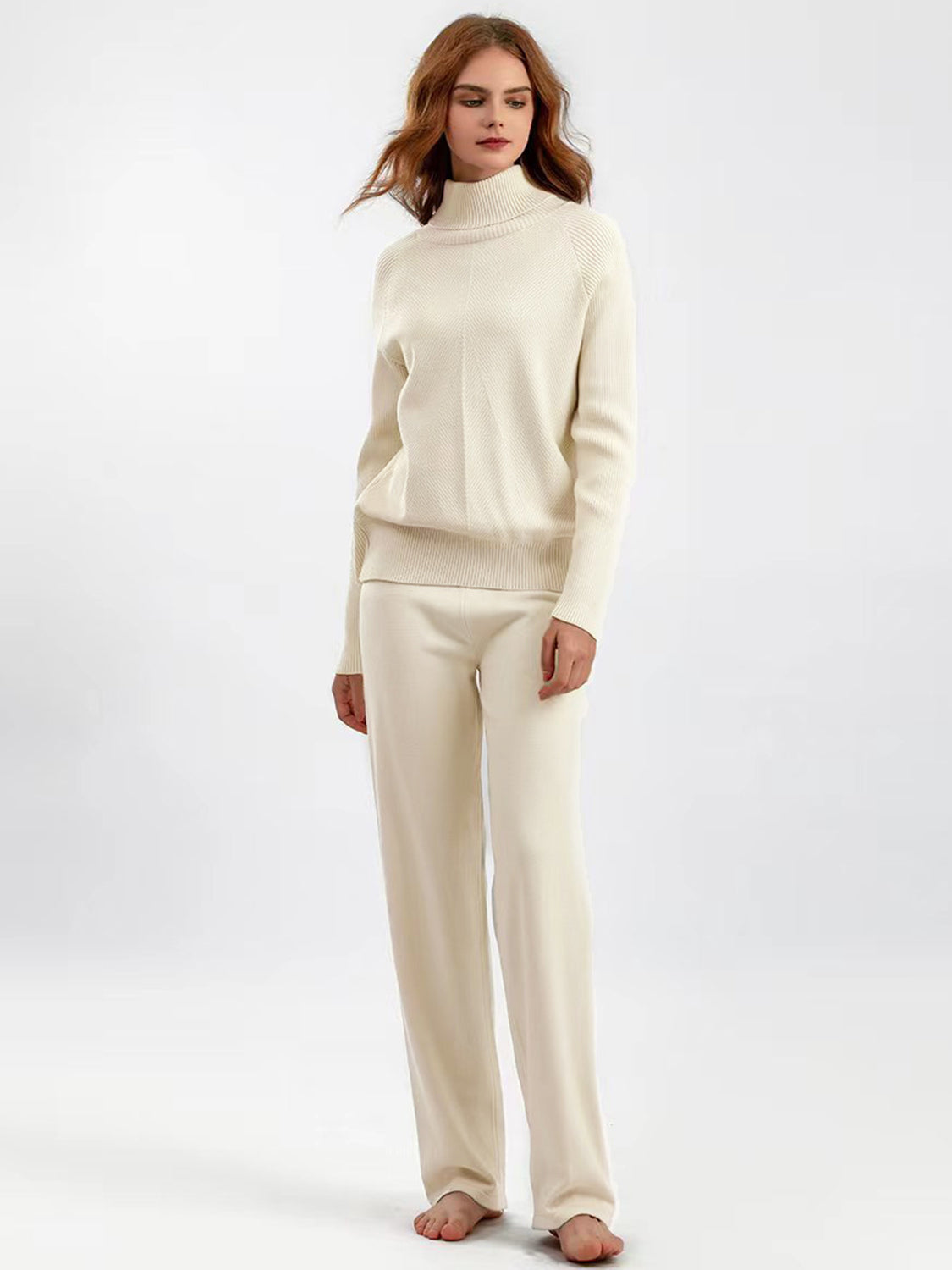 Turtleneck Raglan Sleeve Top and Pants Sweater Set Cream One Size Pant Sets JT's Designer Fashion