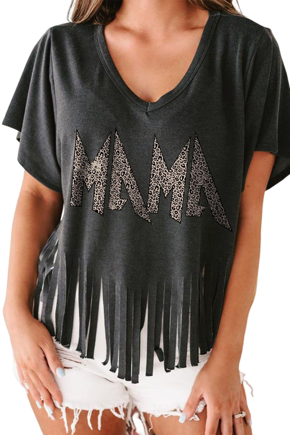 Black Leopard MAMA Fringed Hem Top Graphic Tees JT's Designer Fashion