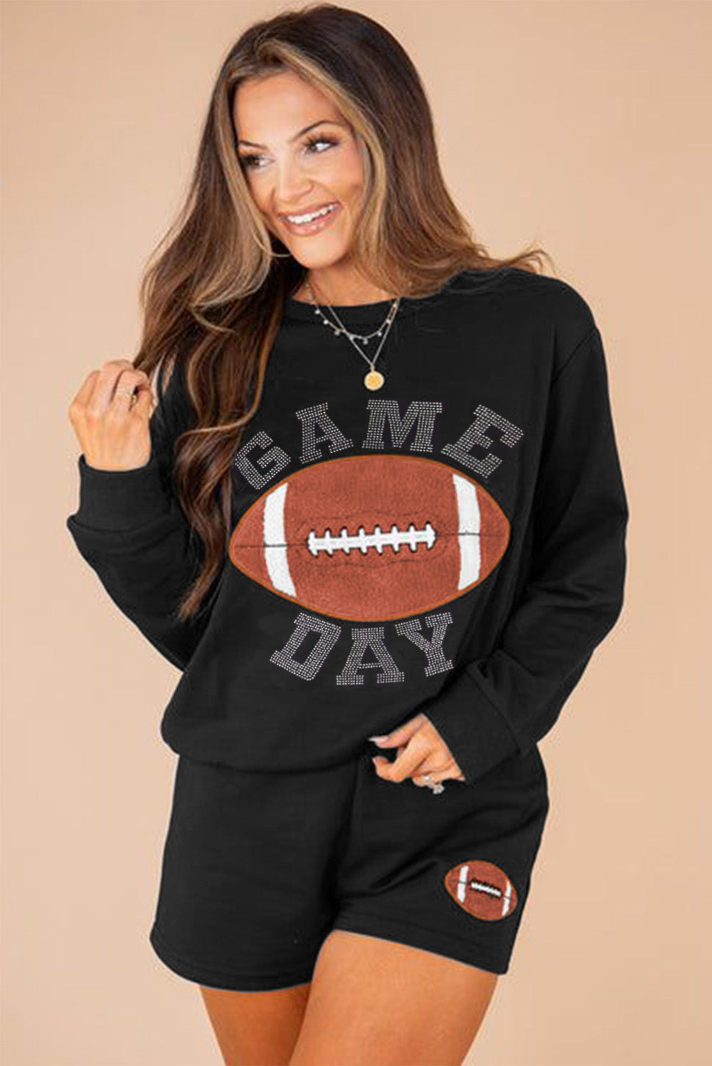 Black GAME DAY Rugby Football Graphic Pullover and Shorts Casual Outfit Short Sets JT's Designer Fashion