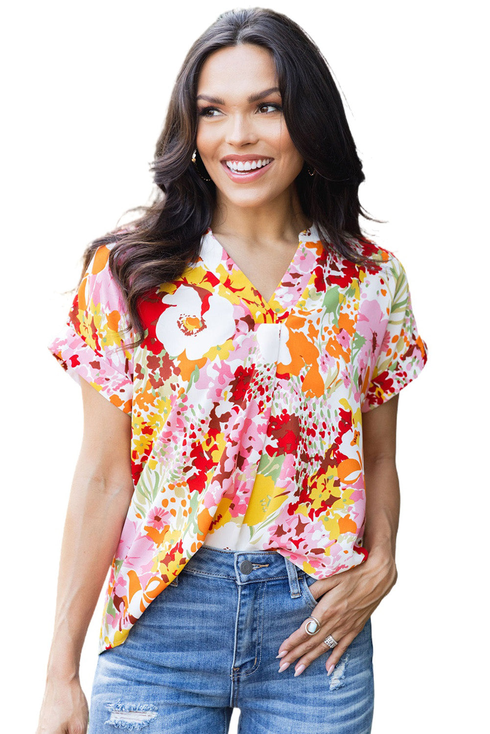 White Boho Floral Print V Neck Short Sleeves Top Blouses & Shirts JT's Designer Fashion