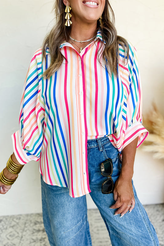 Pink Stripe 3/4 Sleeve Button Up Casual Shirt Blouses & Shirts JT's Designer Fashion