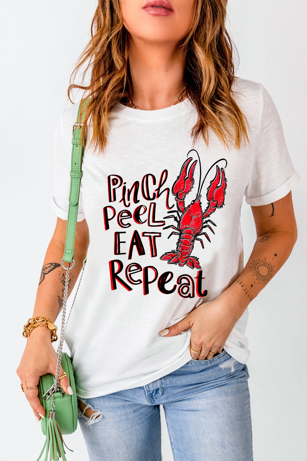 White Pinch Peel Eat Repeat Crawfish Print Crew Neck Tee Graphic Tees JT's Designer Fashion