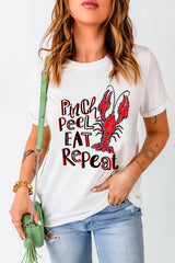 White Pinch Peel Eat Repeat Crawfish Print Crew Neck Tee Graphic Tees JT's Designer Fashion