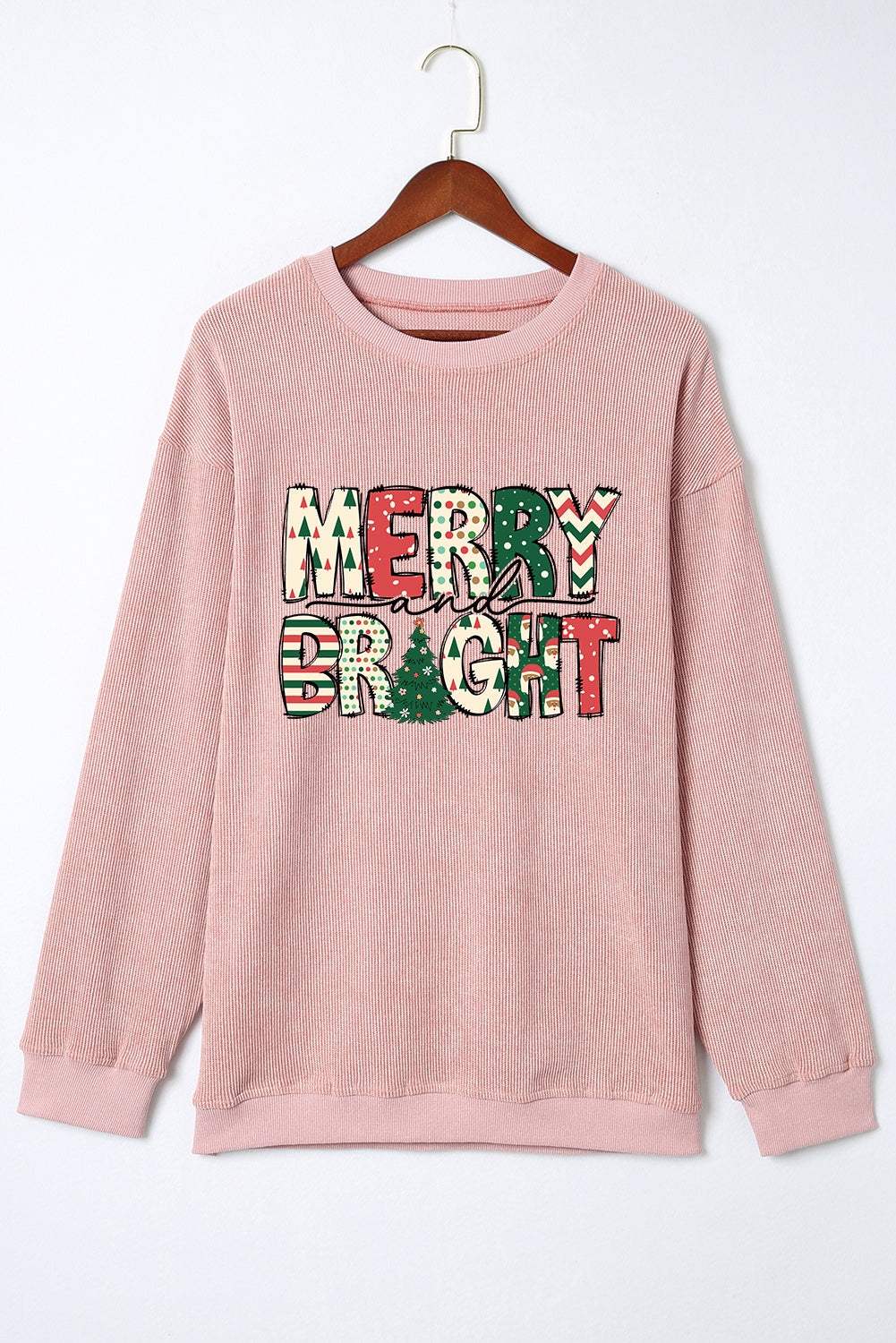 Pink MERRY and BRIGHT Christmas Tree Print Ribbed Sweatshirt Graphic Sweatshirts JT's Designer Fashion