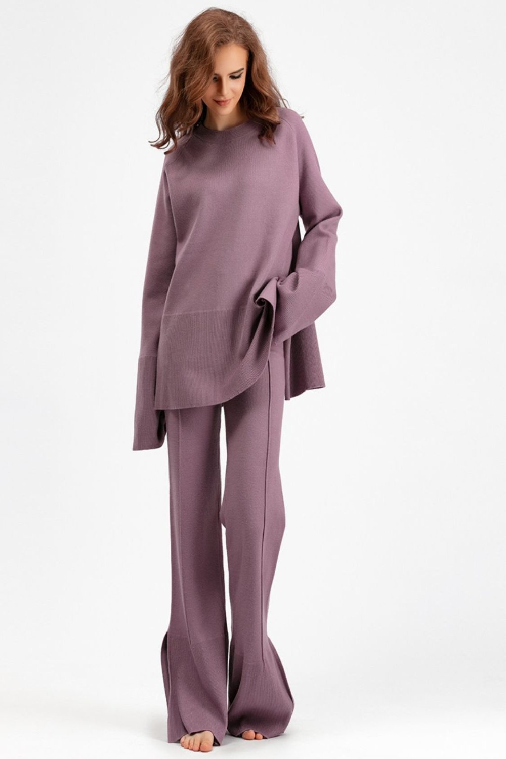 Slit Round Neck Long Sleeve Top and Drawstring Pants Sweater Set Mauve One Size Pants Sets JT's Designer Fashion