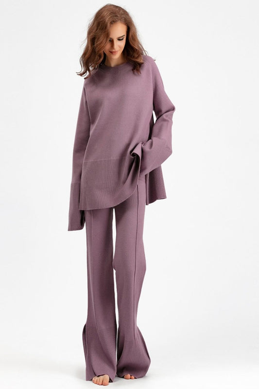 Slit Round Neck Long Sleeve Top and Drawstring Pants Sweater Set Mauve One Size Pants Sets JT's Designer Fashion