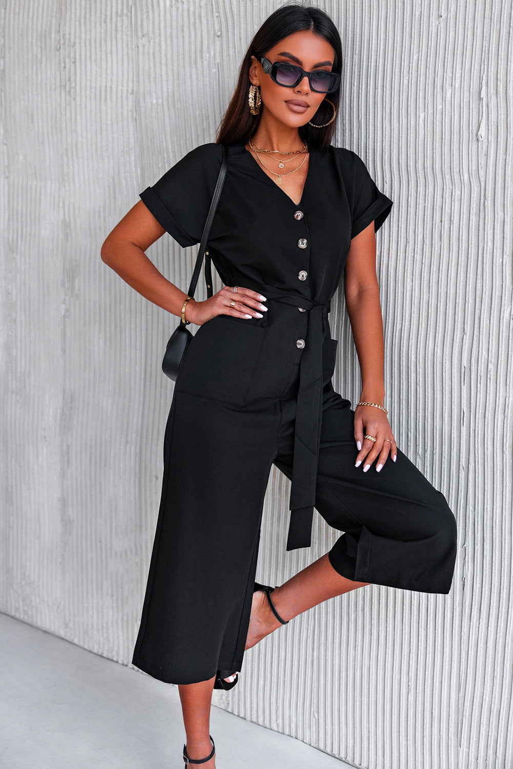 Black V Neck Pocketed Jumpsuit Jumpsuits & Rompers JT's Designer Fashion