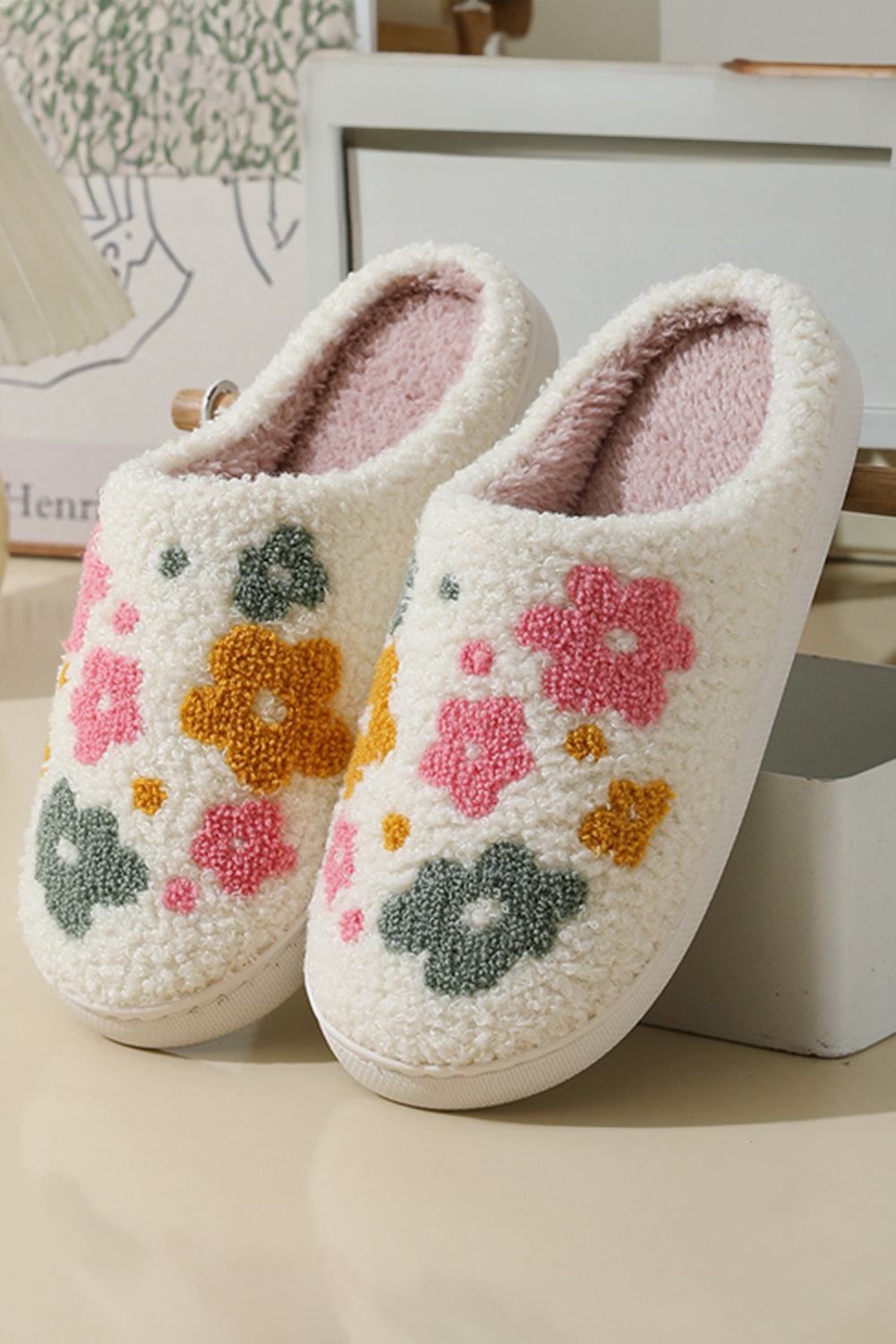 White Flower Pattern Slip On Plush Home Slippers Slippers JT's Designer Fashion