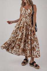 Khaki Floral Shirred High Waist Spaghetti Straps Maxi Dress Floral Dresses JT's Designer Fashion