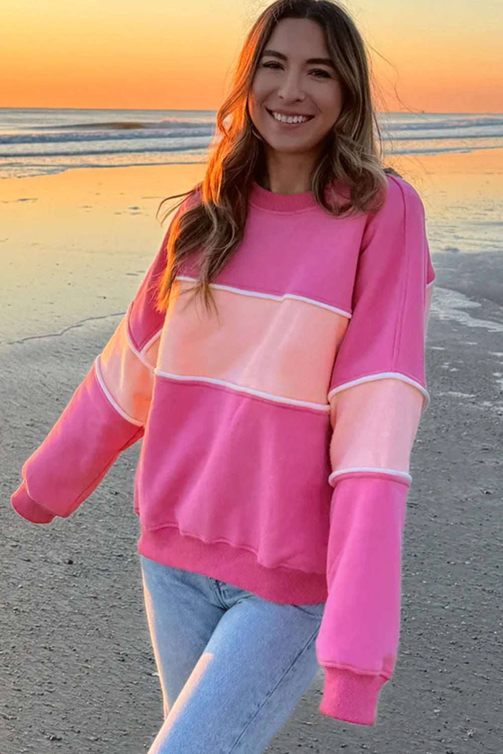 Sachet Pink Colorblock Patchwork Drop Shoulder Ribbed Trim Sweatshirt Sweatshirts & Hoodies JT's Designer Fashion