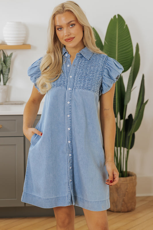 Beau Blue Flutter Sleeve Shirred Detail Button Up Denim Mini Dress Mini Dresses JT's Designer Fashion