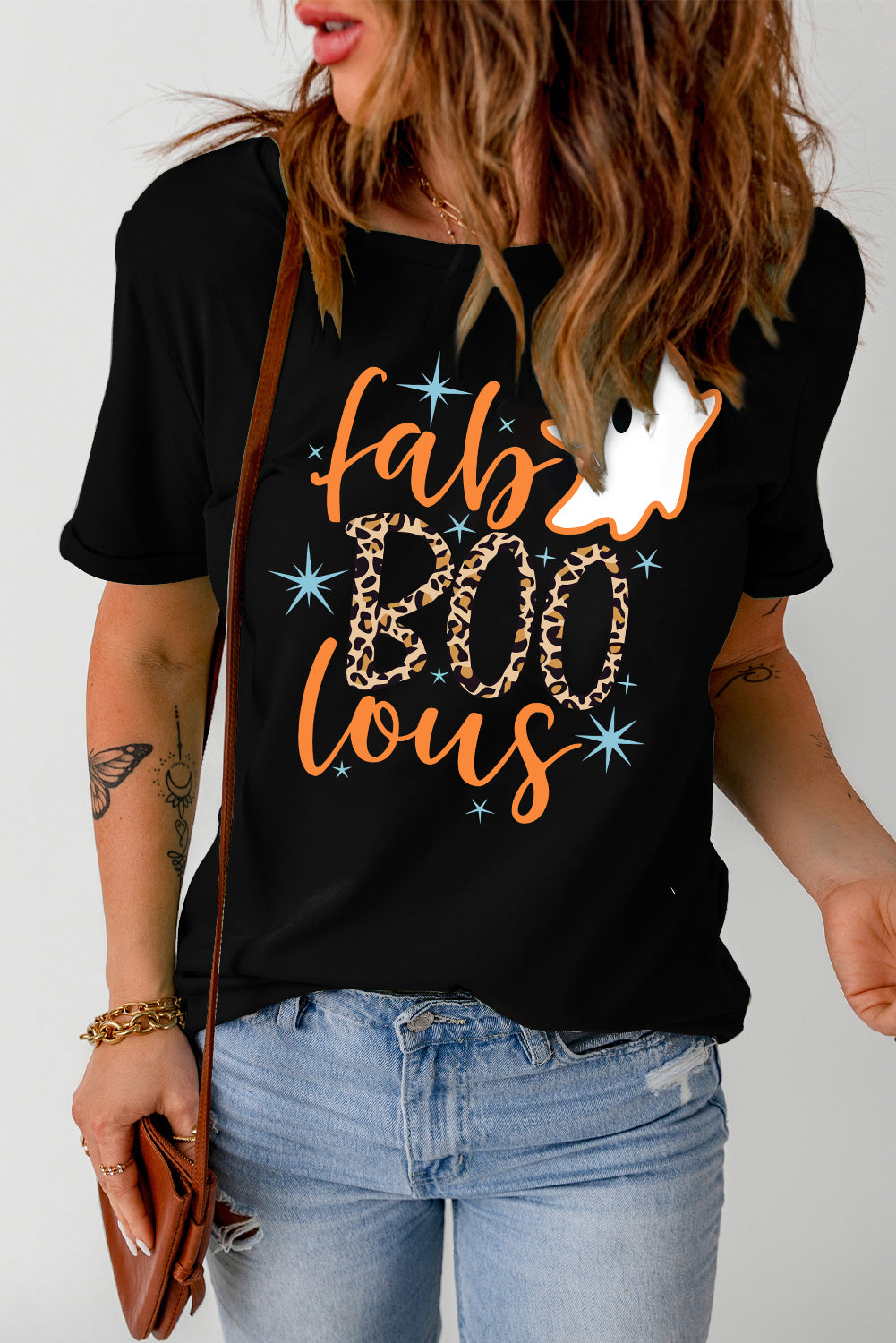 Black Fab Boo Lous Ghost Print Short Sleeve Graphic Tee Graphic Tees JT's Designer Fashion