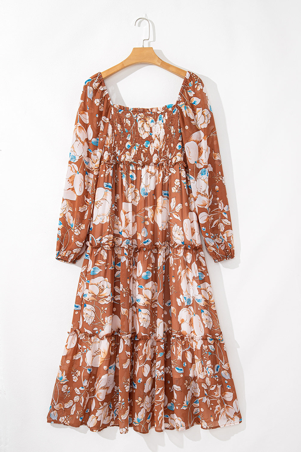 Brown Floral Print Shirred Square Neck High Waist Maxi Dress Maxi Dresses JT's Designer Fashion