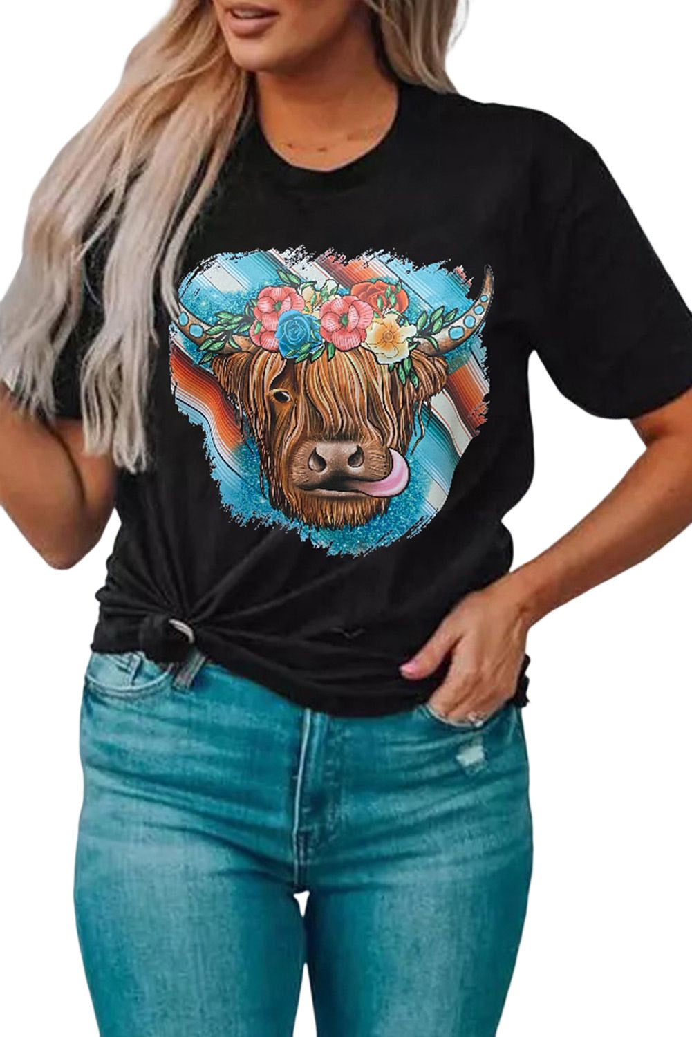 Black Serape Floral Steer Head Graphic Western T-shirt Graphic Tees JT's Designer Fashion