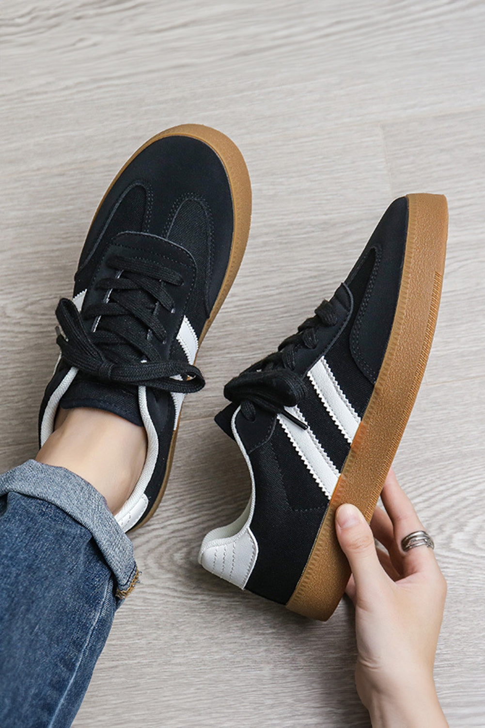 Black Striped Lace-up Flat Sneakers Women's Shoes JT's Designer Fashion