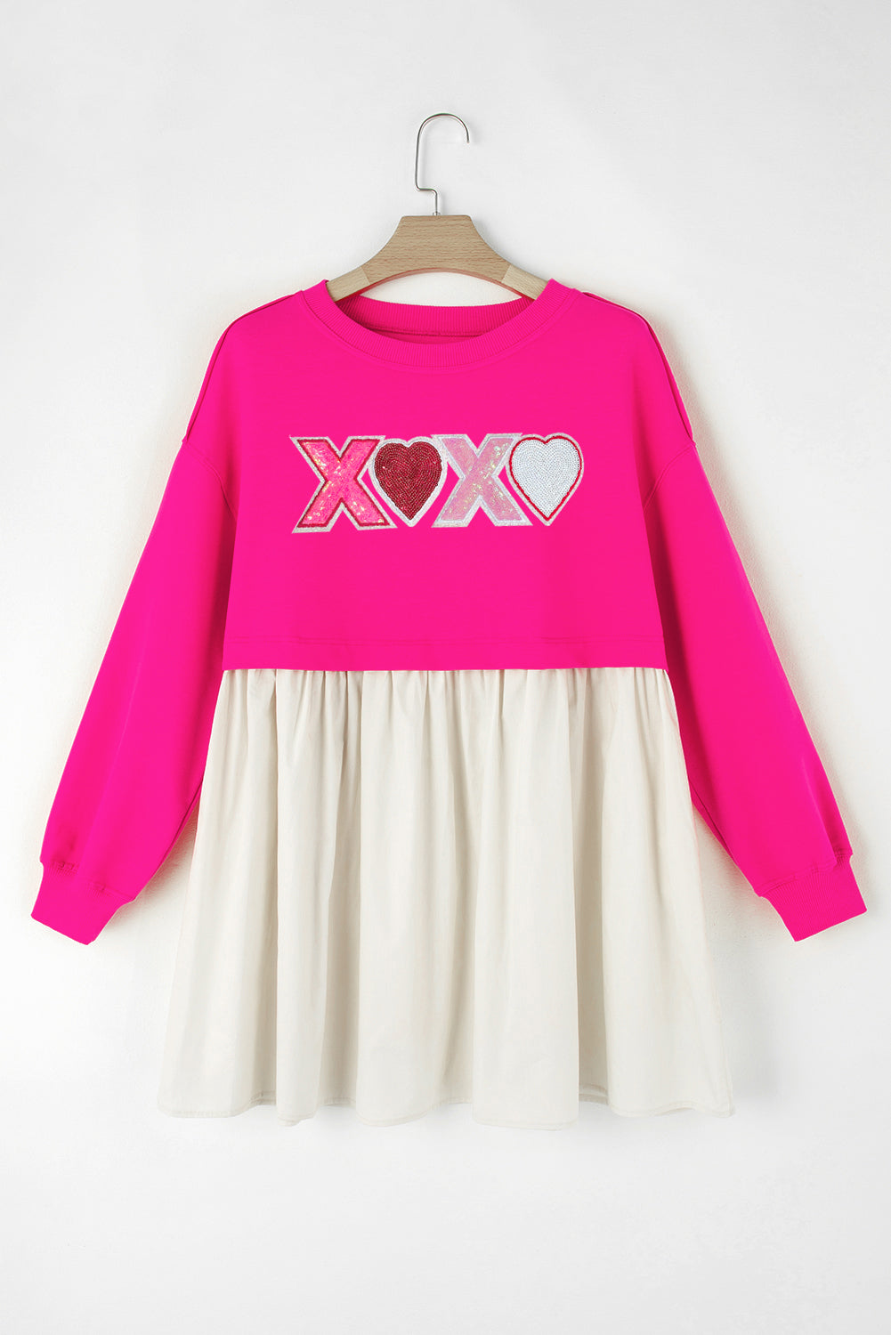 Rose Red Sequin Heart XOXO Graphic Colorblock Patchwork Hem Sweatshirt Dress Graphic Dresses JT's Designer Fashion