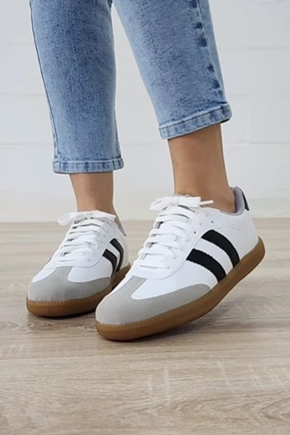 White Striped Lace-up Flat Sneakers Women's Shoes JT's Designer Fashion